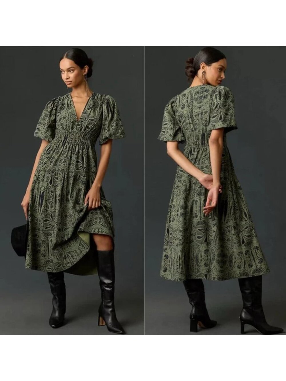 Pilcro Dress Womens sz Medium M Green Floral Corduroy Puff Sleeve Midi